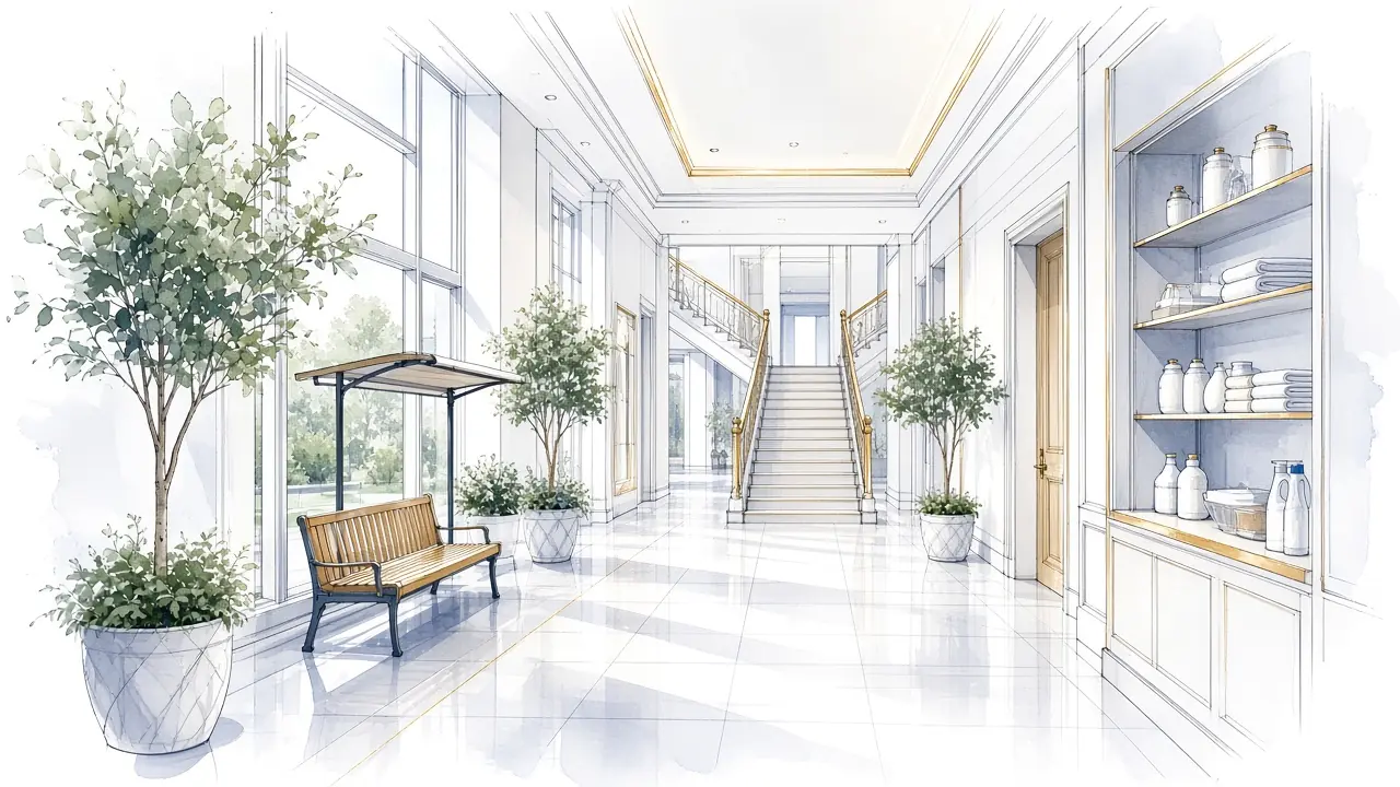 Illustrated corridor, trees, bench, and store shelf
