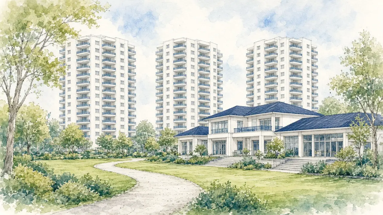 Tall apartment towers, a garden, and a clubhouse in a Bangalore community