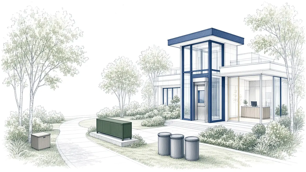 Enclosed apartment generator and closed treatment drums in a service yard