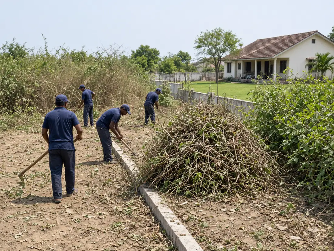 Grounds crew clearing shrubs along a residential plot