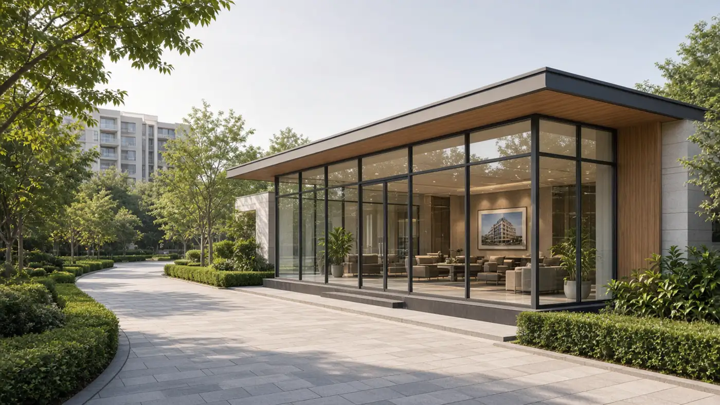 Clean sales gallery and paved approach at a residential project