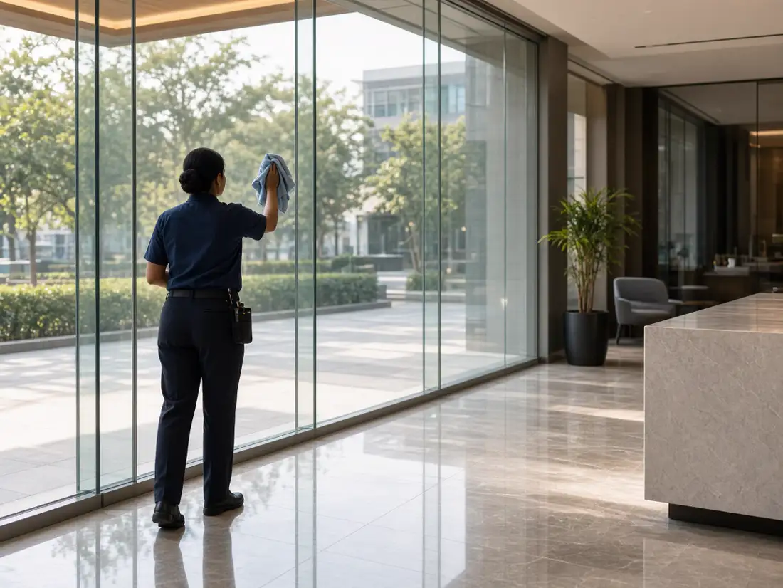 Housekeeper cleaning the glass at a sales office