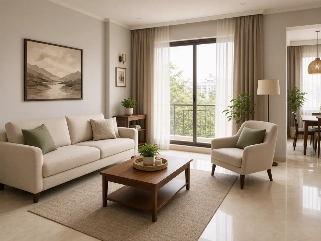 Furnished model apartment living room ready for a buyer visit