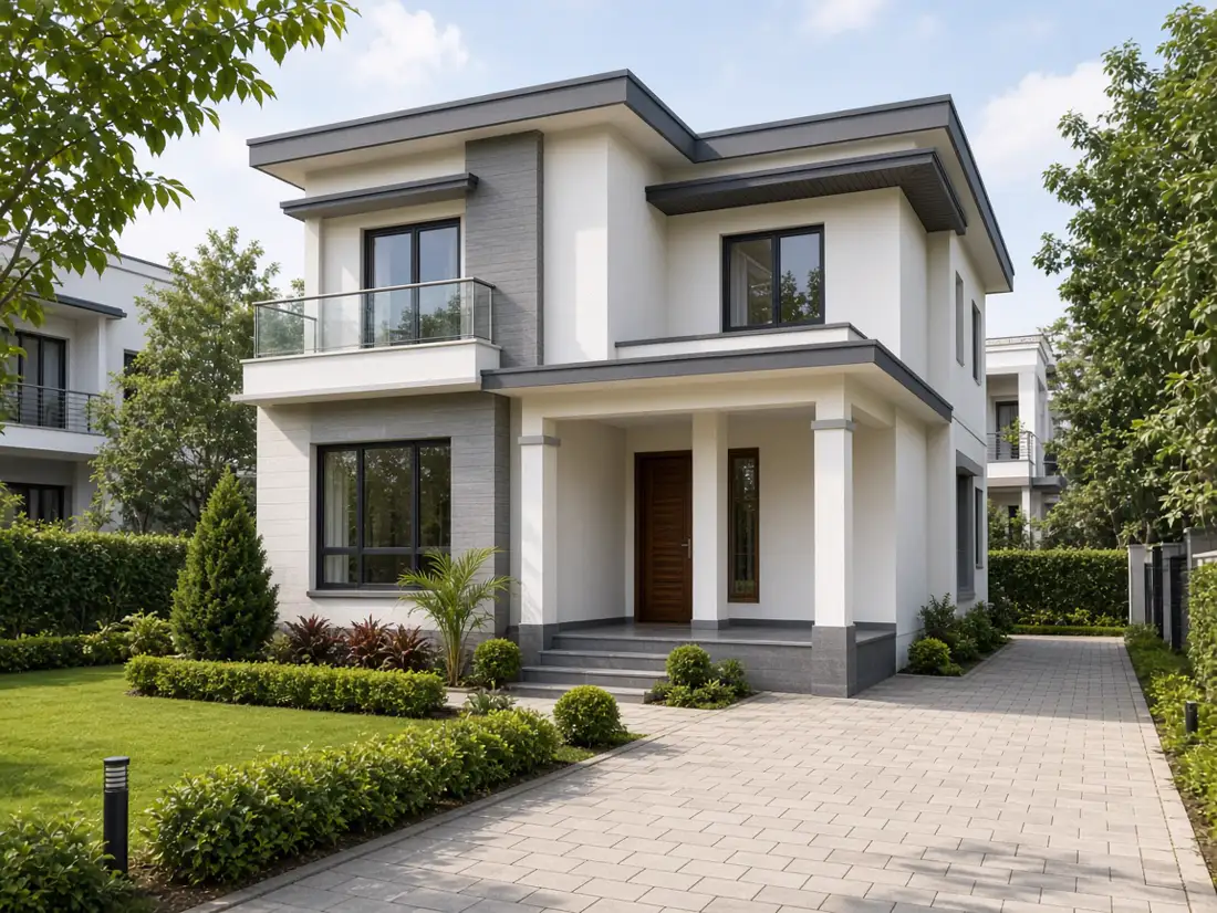 Maintained model villa with a trimmed garden and clean driveway