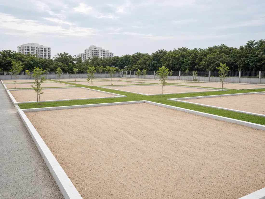 Level residential plots with neat boundaries and young trees
