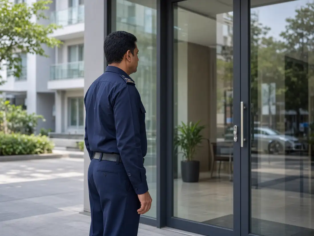 Security guard at the glass entrance of a sales office